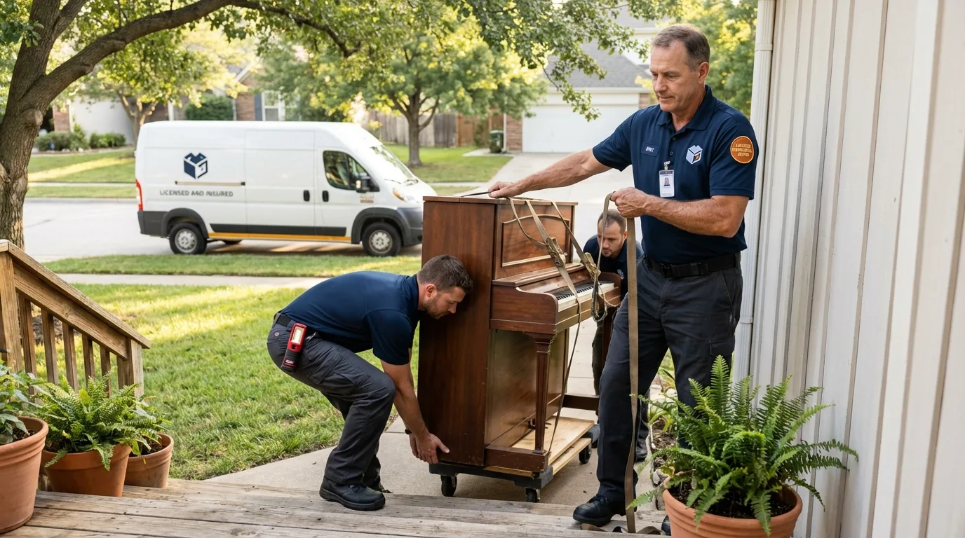 Licensed piano movers securing grand piano in Mountain Lakes, NJ