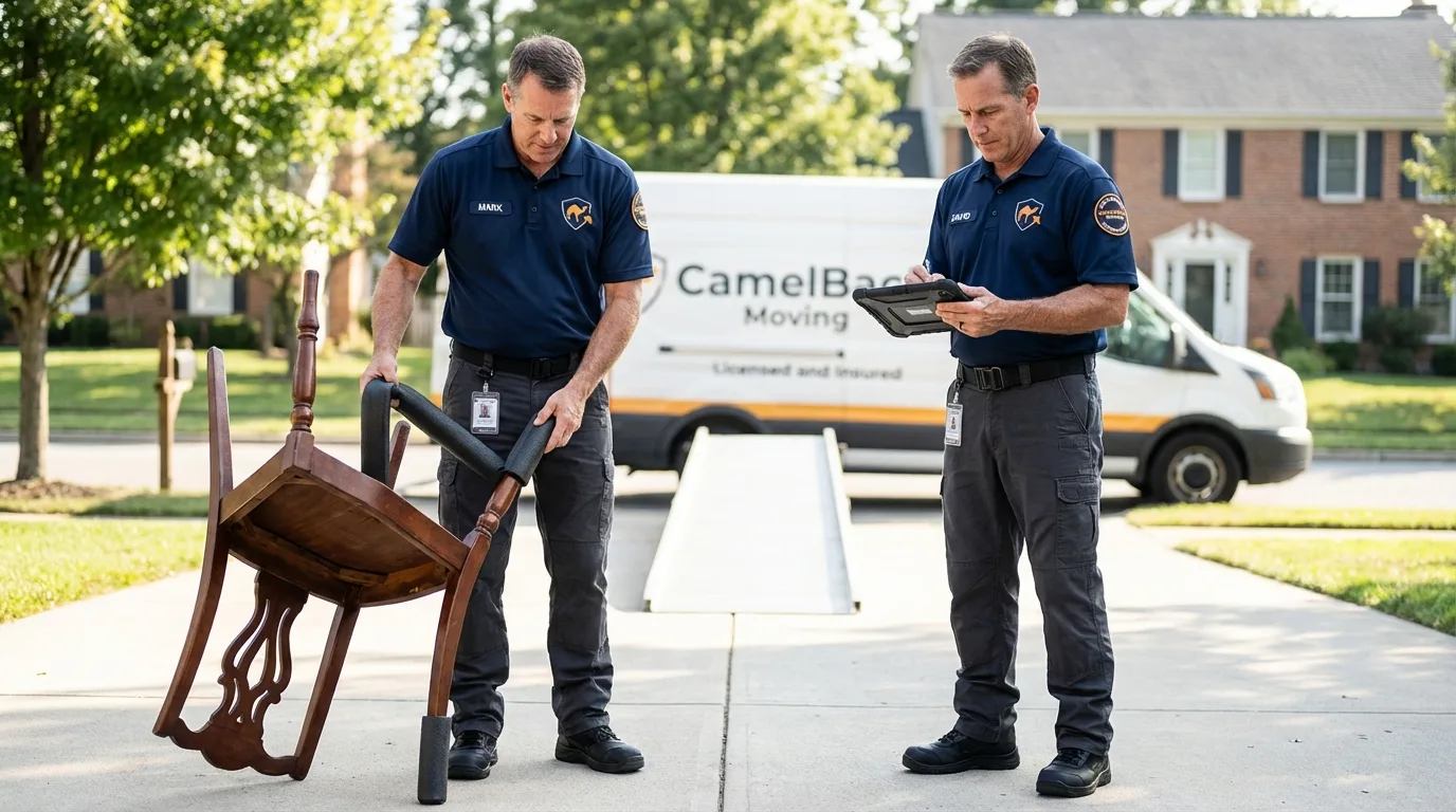 Movers inspecting furniture for damage prevention before loading in Mountain Lakes, NJ