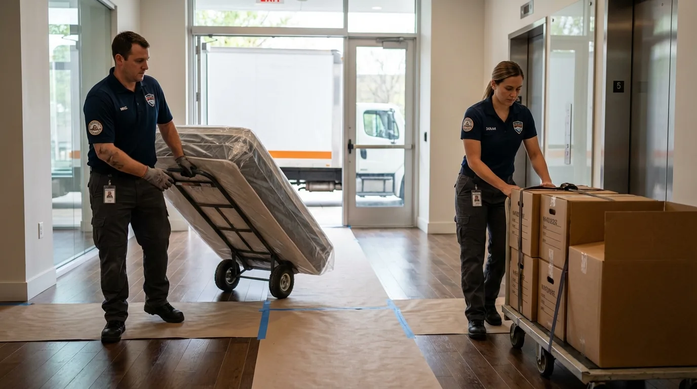 Professional apartment movers loading elevator in Mountain Lakes, NJ
